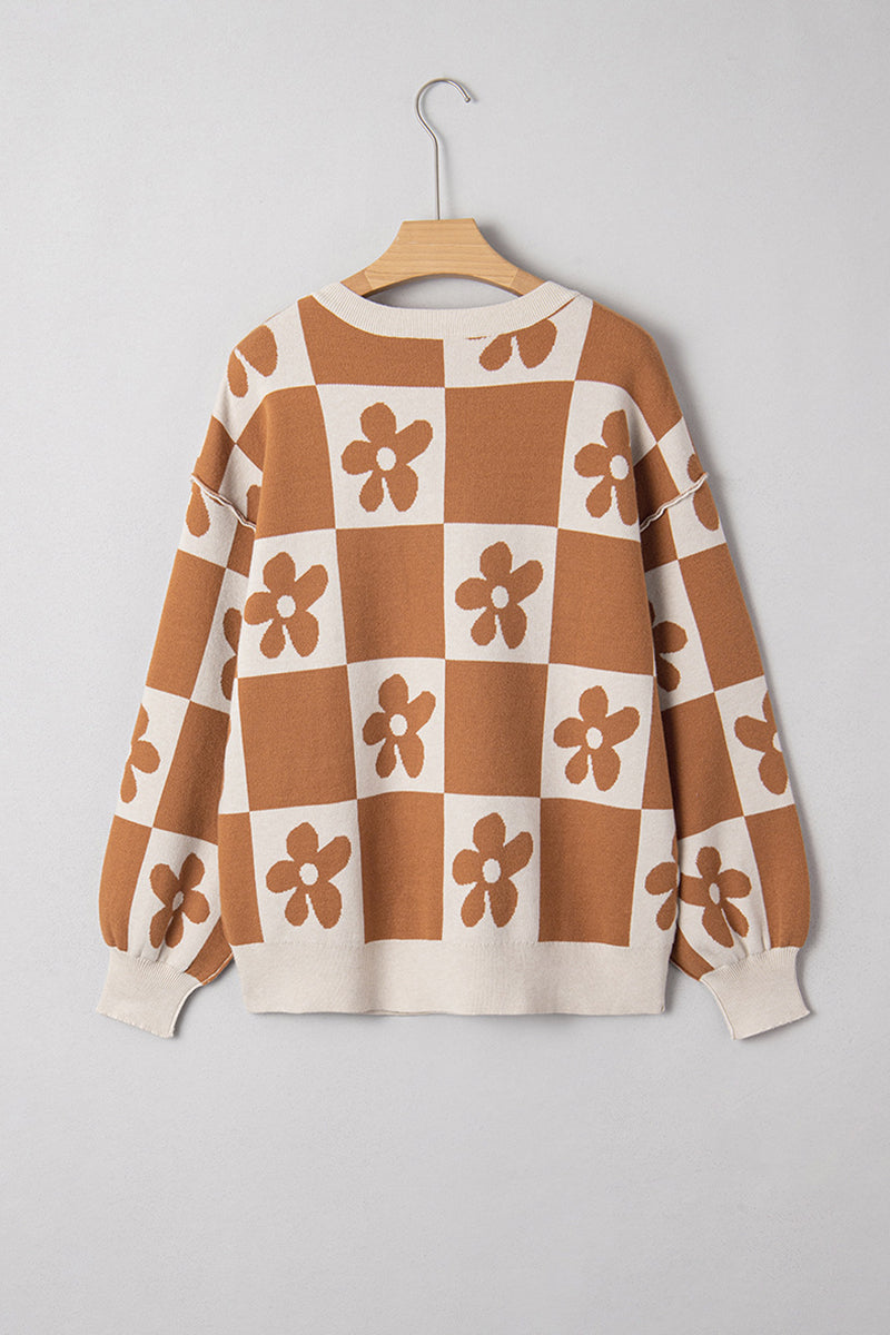 Retro Floral Checker Sweater
