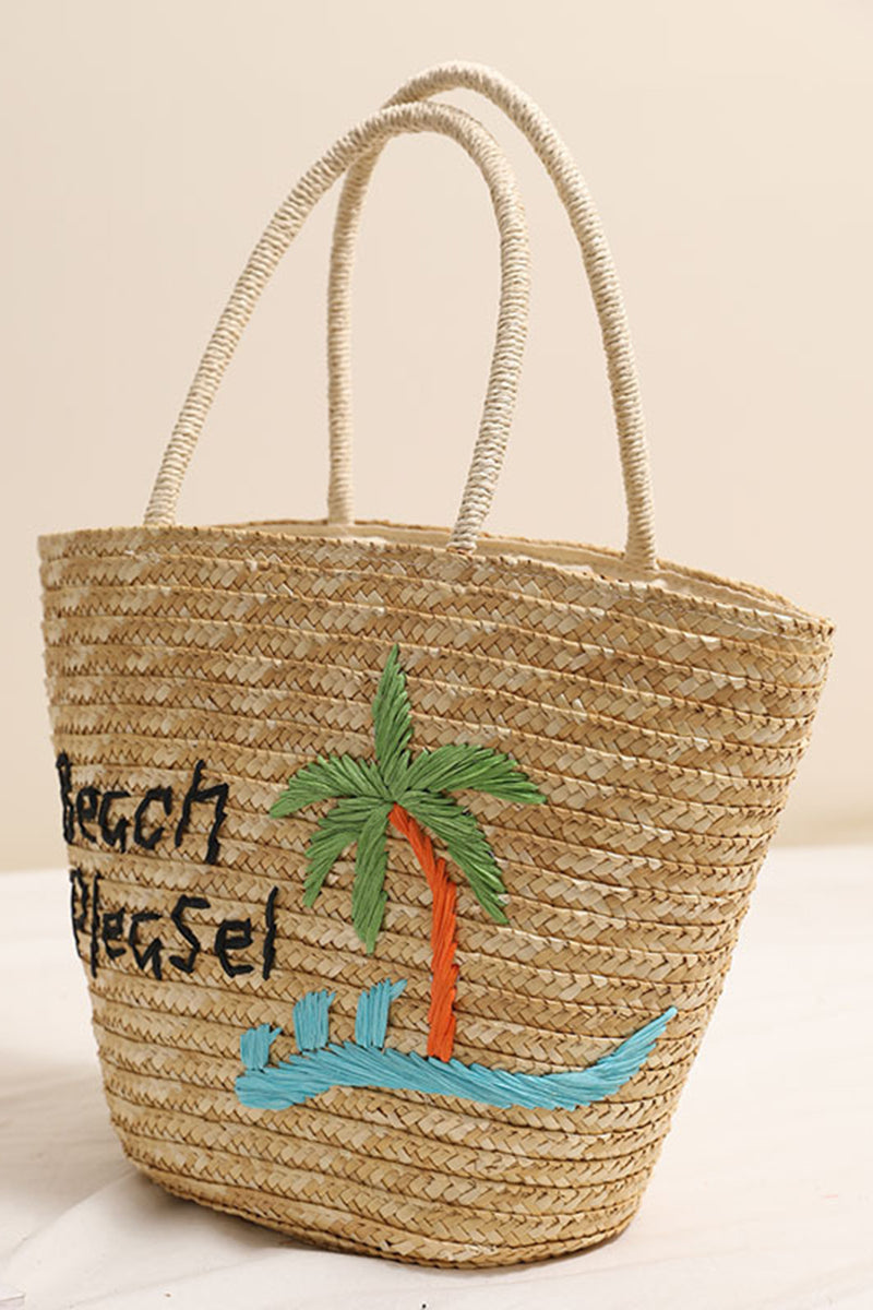 Straw Beach Tote with Palm Pattern
