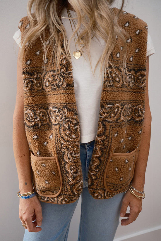 Patterned Sleeveless Vest with Pocket Detail