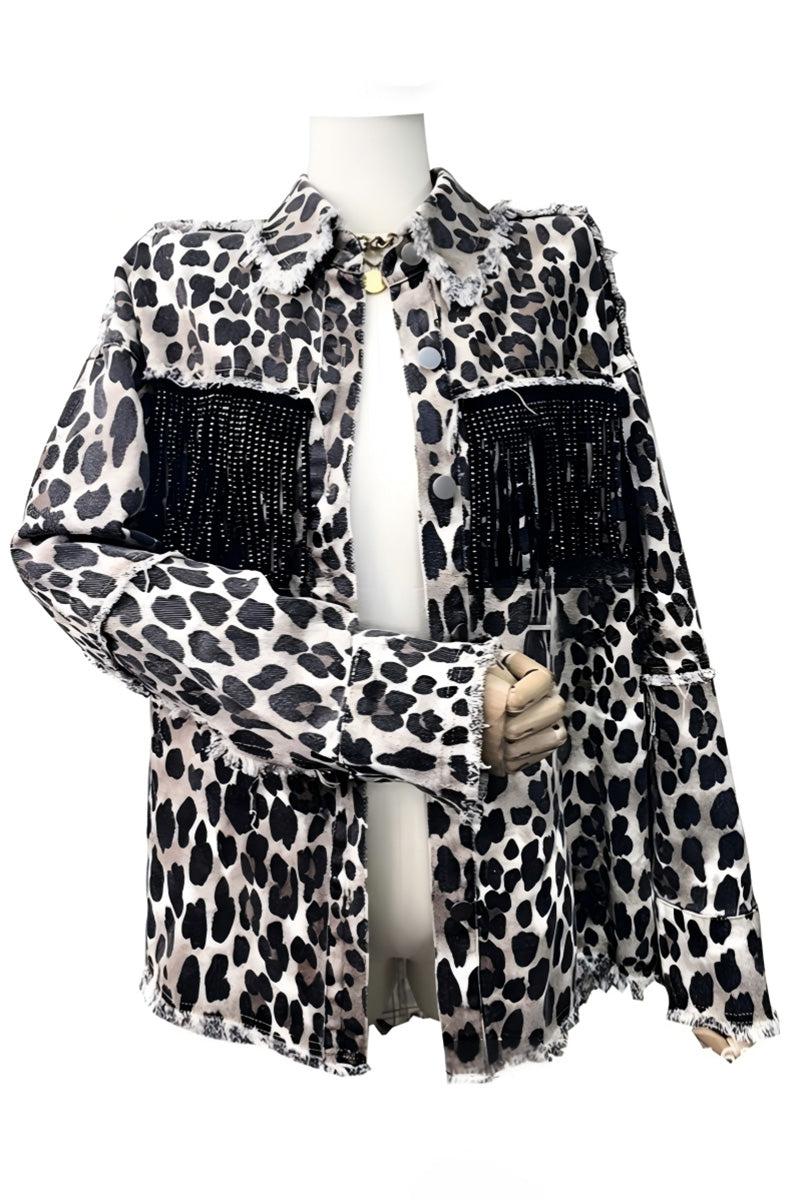 Leopard Fringe Denim Jacket