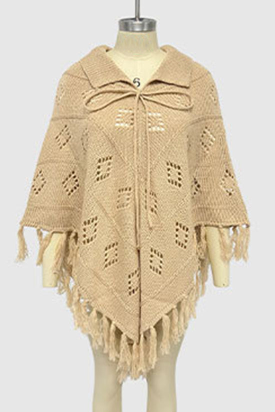 Fringe Knit Cardigan Poncho with Tie Neck
