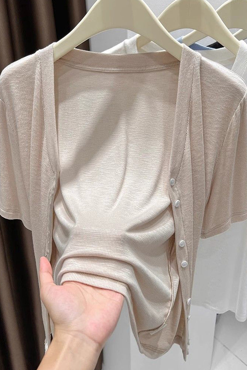 Button-Front Short Sleeve Top