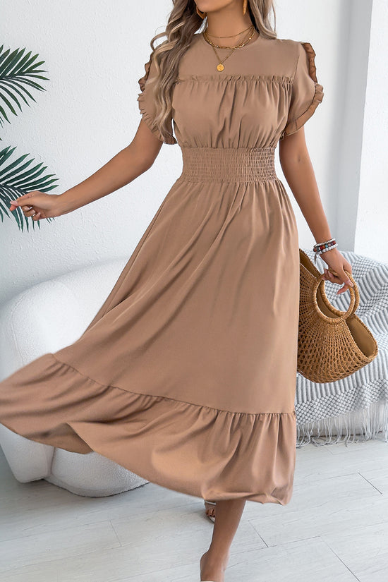 Ruffled Short Sleeve Casual Midi Dress