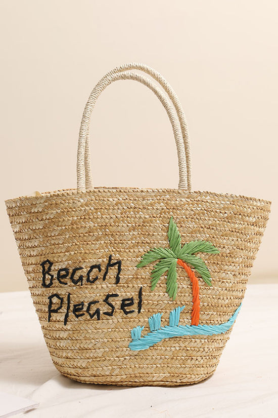 Straw Beach Tote with Palm Pattern