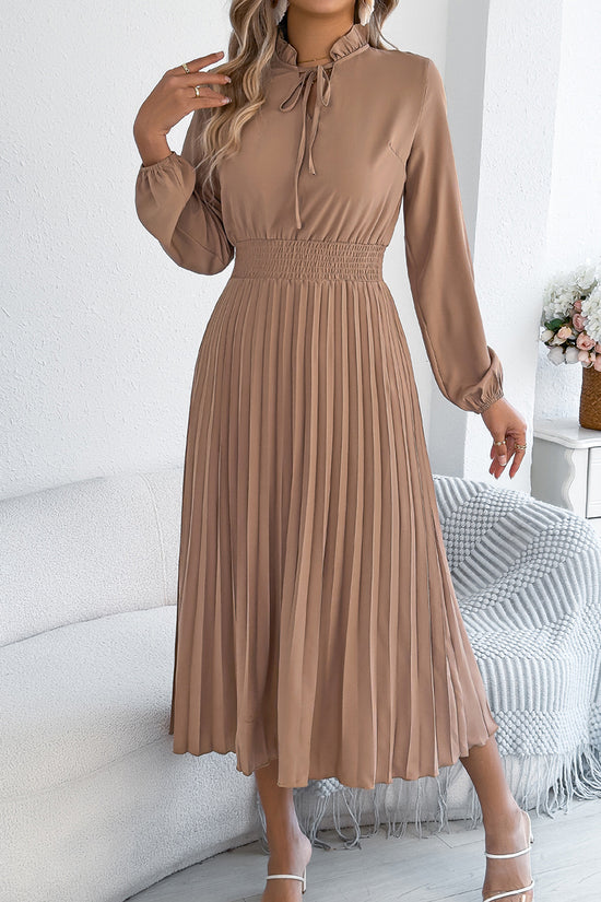 Ruffled Neck Pleated Midi Dress