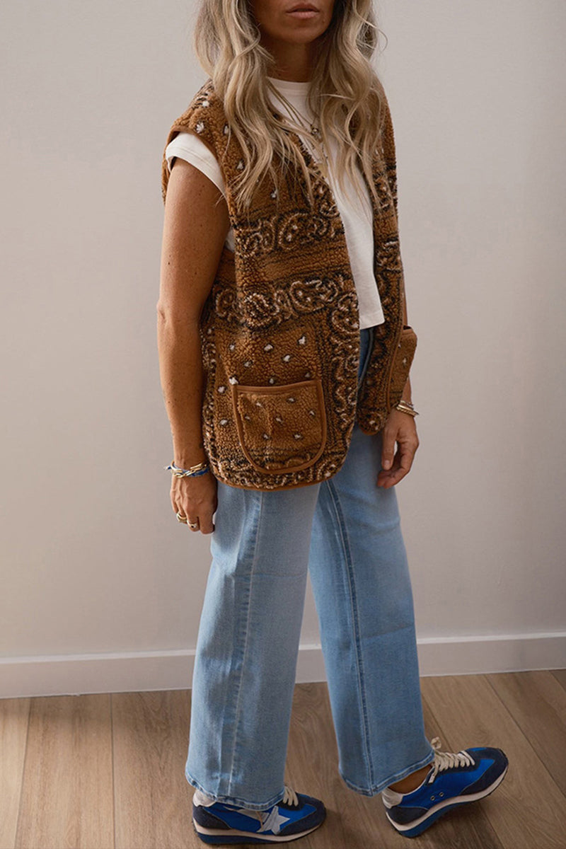Patterned Sleeveless Vest with Pocket Detail