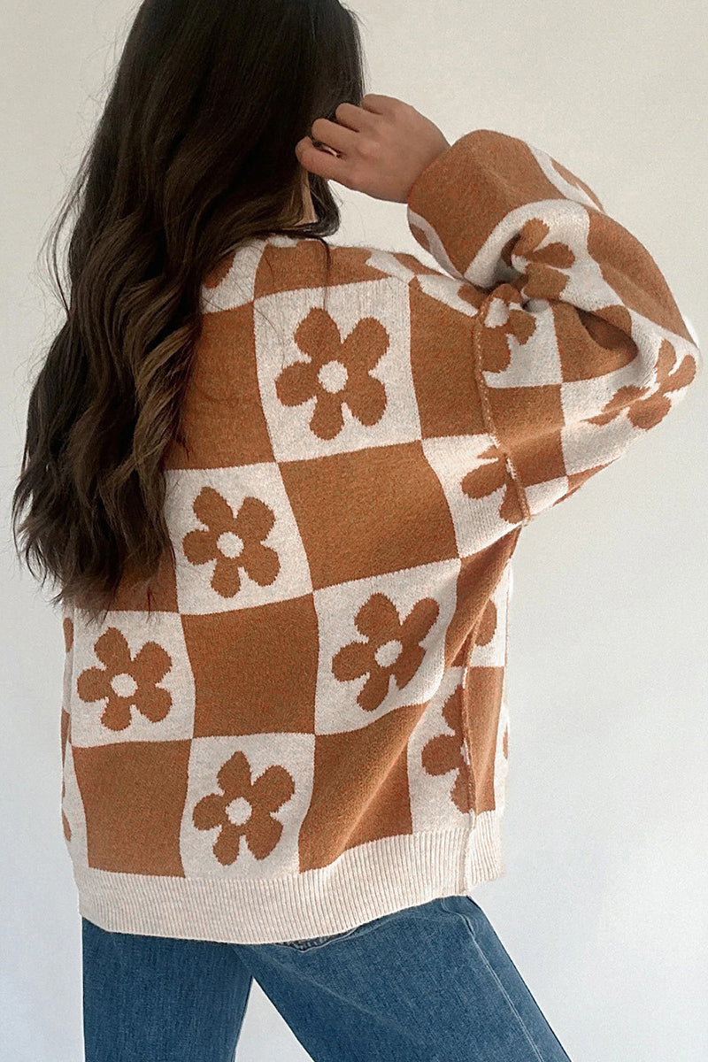 Retro Floral Checker Sweater