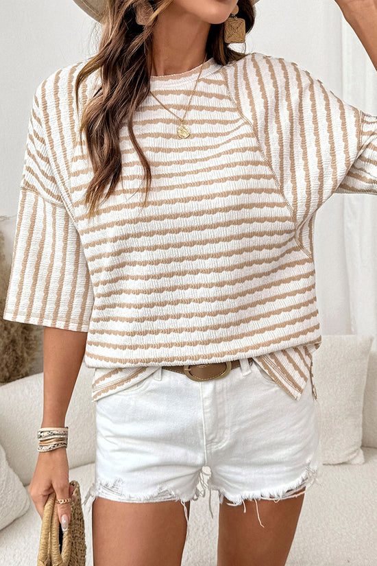 Textured Stripe Split Hem Loose Top
