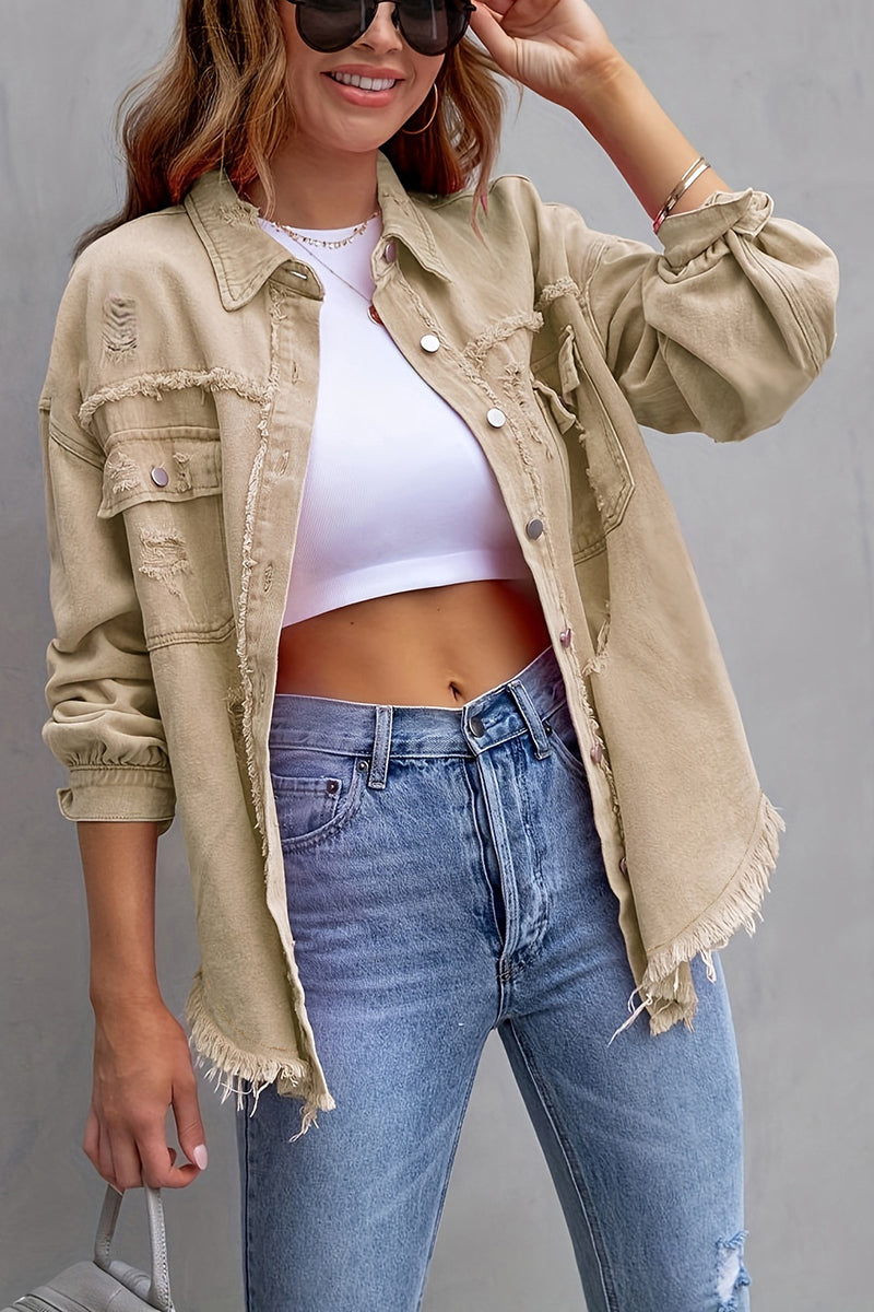 Distressed Denim Jacket with Frayed Hem