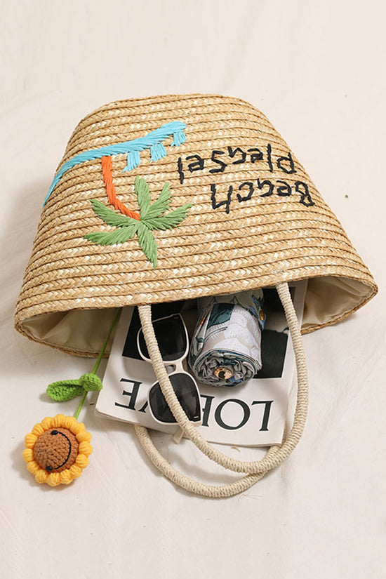 Straw Beach Tote with Palm Pattern