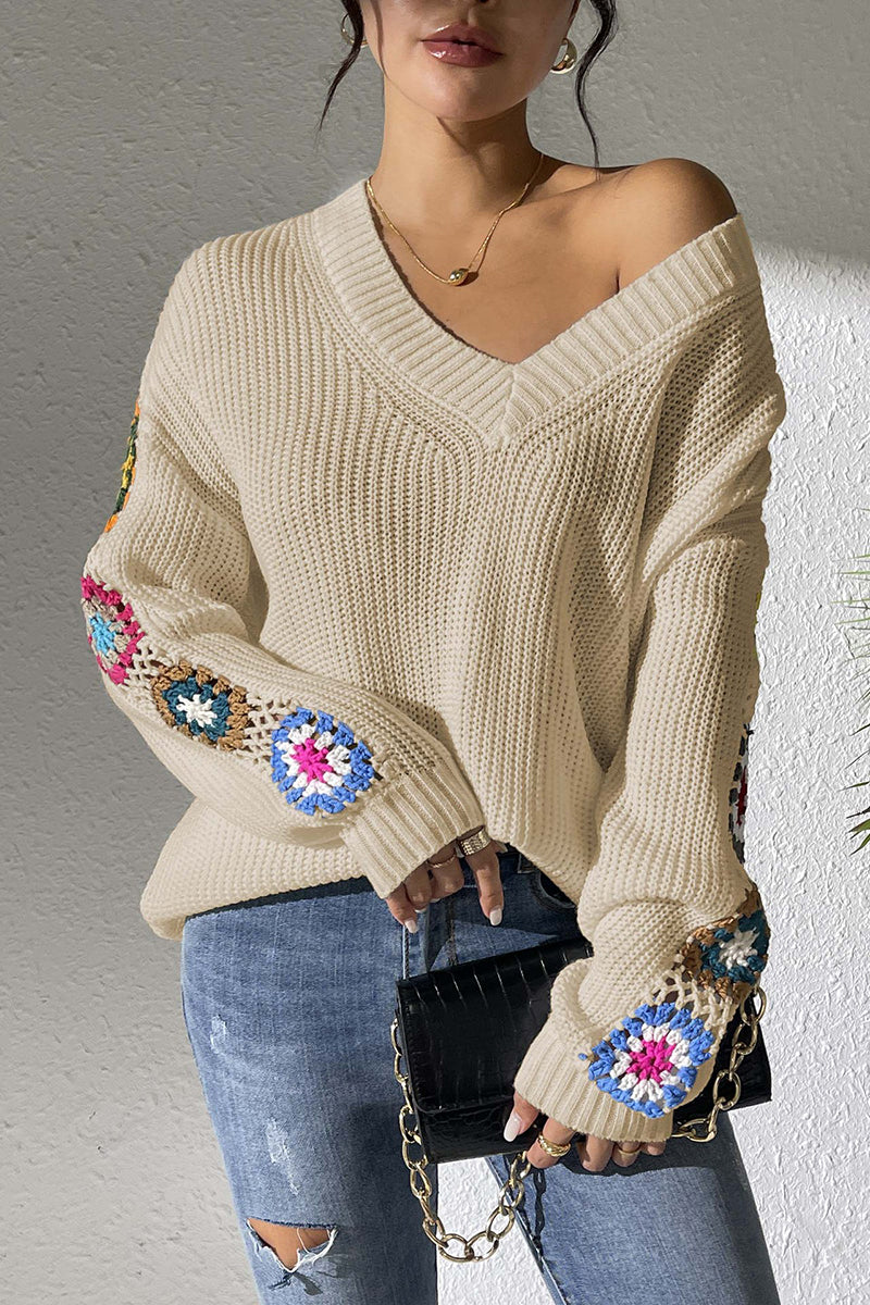 Floral Knit V-Neck Sweater