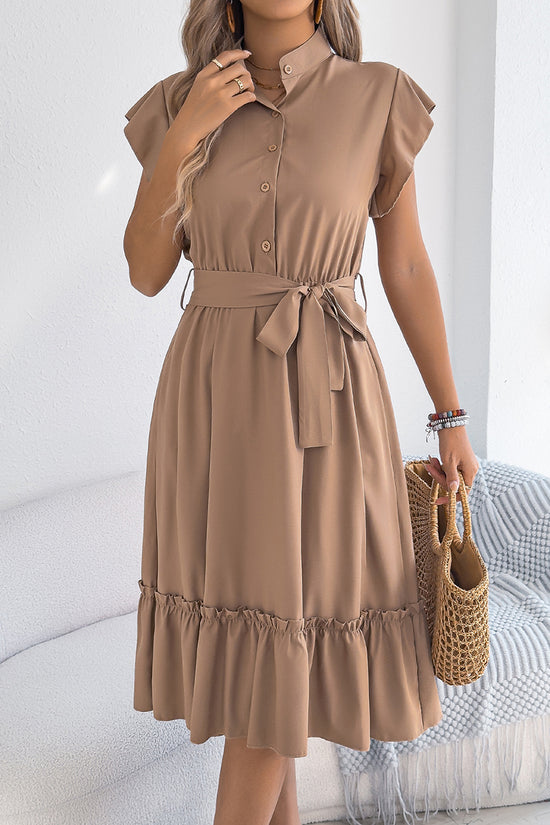 Ruffled Button-Up Belted Casual Dress