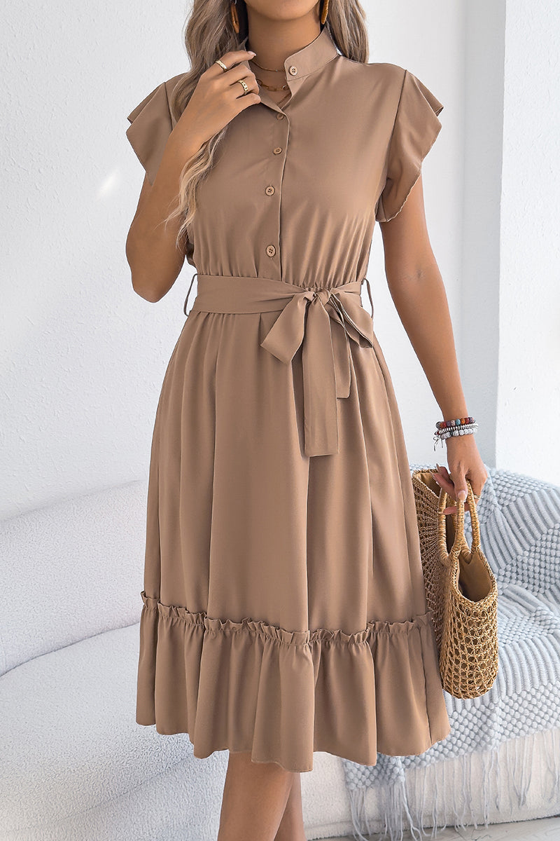 Ruffled Button-Up Belted Casual Dress