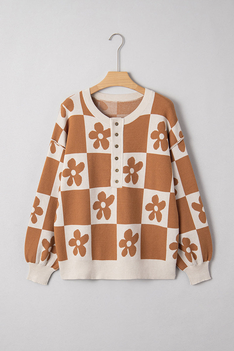 Retro Floral Checker Sweater