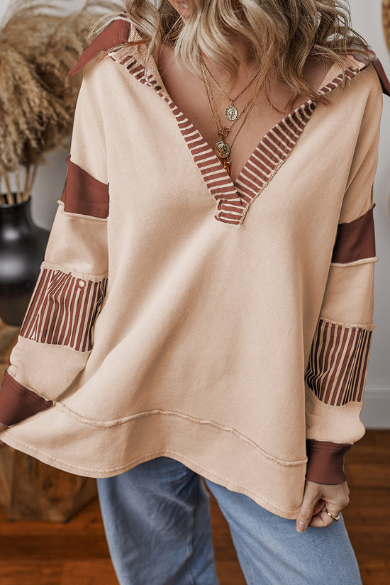 Striped Patchwork V-Neck Pullover