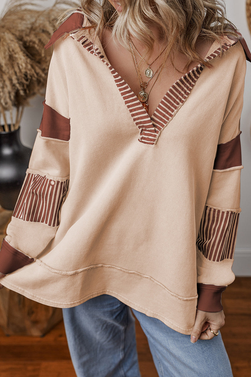 Striped Patchwork V-Neck Pullover