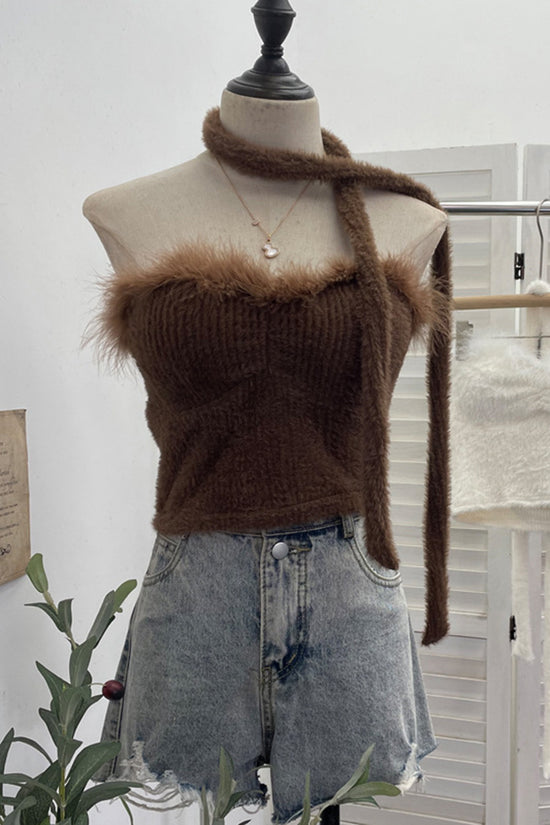 Fuzzy Off-Shoulder Tank Top with Scarf