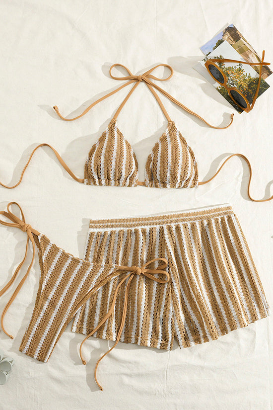 Striped Bikini Set with Stylish Cover-Up
