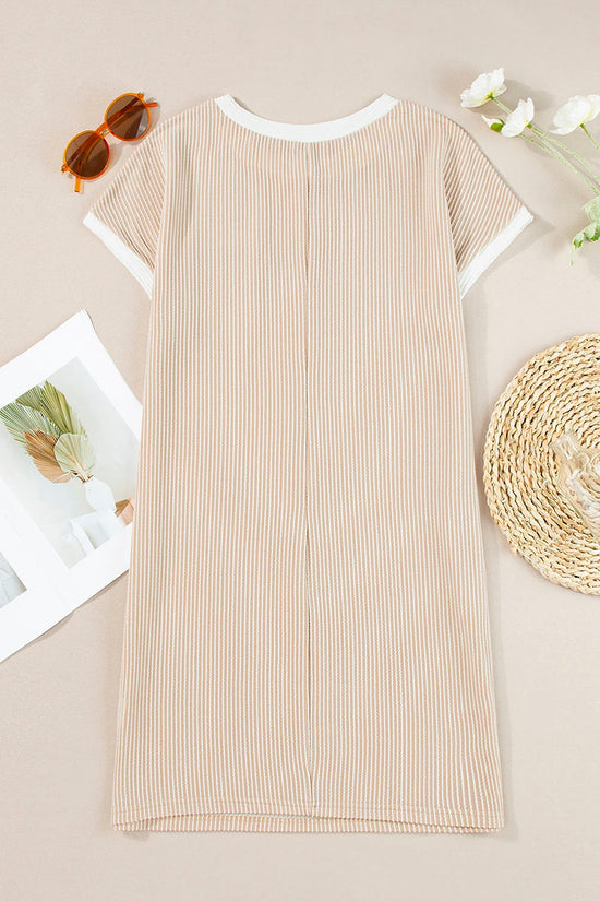 Rib Trim Striped T Shirt Dress