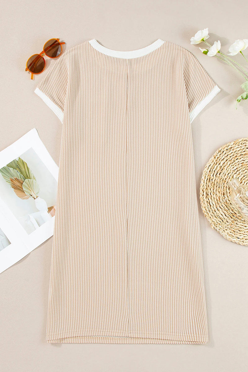 Rib Trim Striped T Shirt Dress
