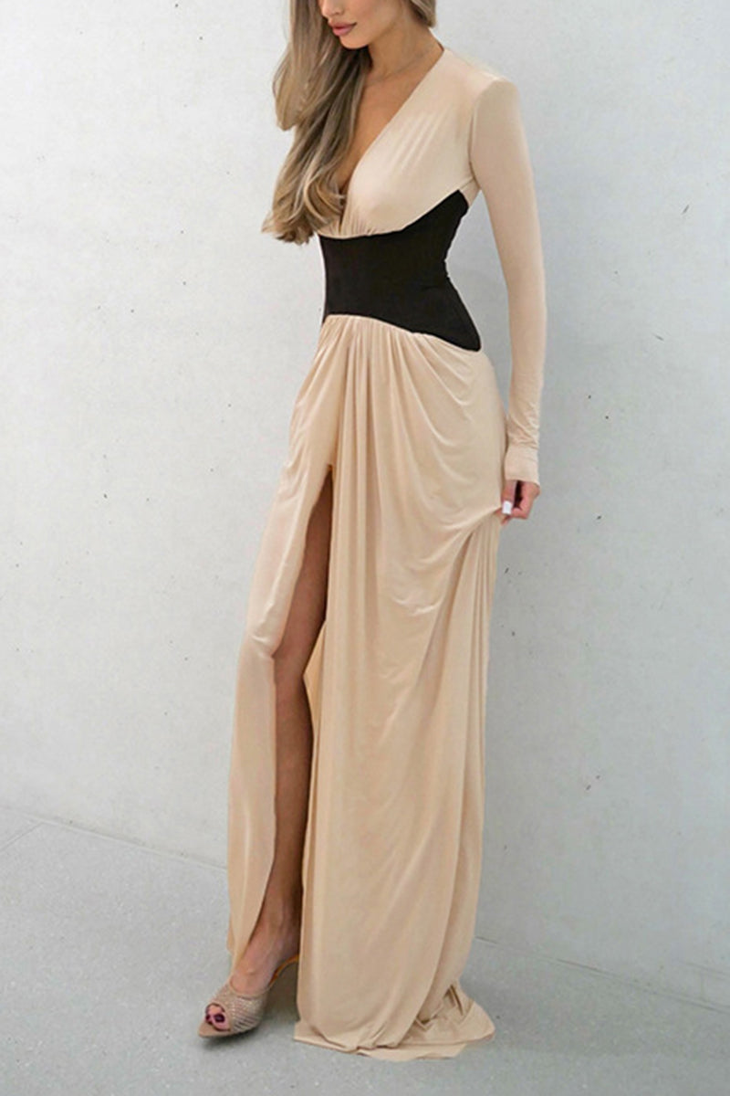 Long Sleeve Deep V-Neck Maxi Dress
