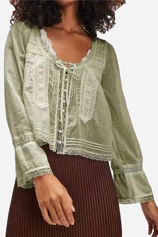 Flowy Lace Trimmed Long Sleeve Blouse