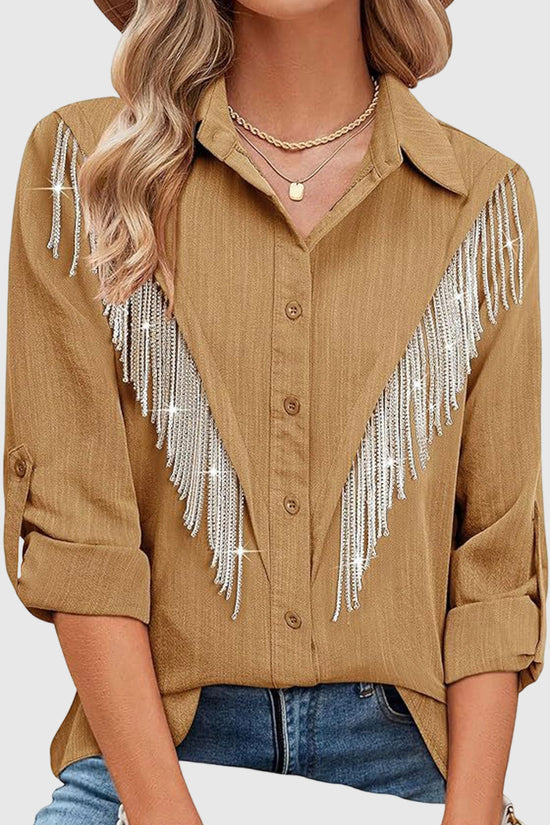 Fringe Embellished Button-Up Blouse