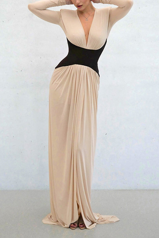 Long Sleeve Deep V-Neck Maxi Dress