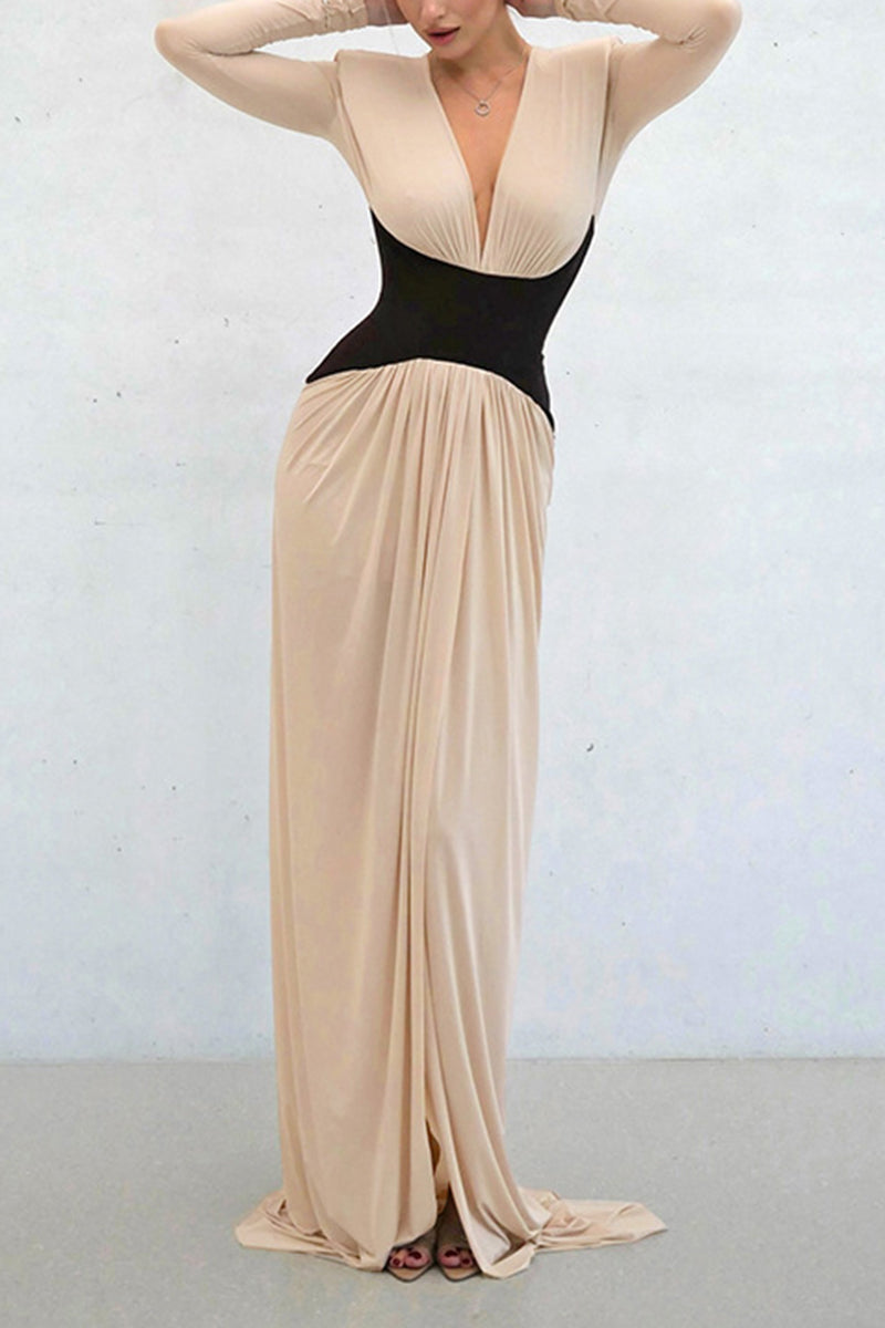 Long Sleeve Deep V-Neck Maxi Dress