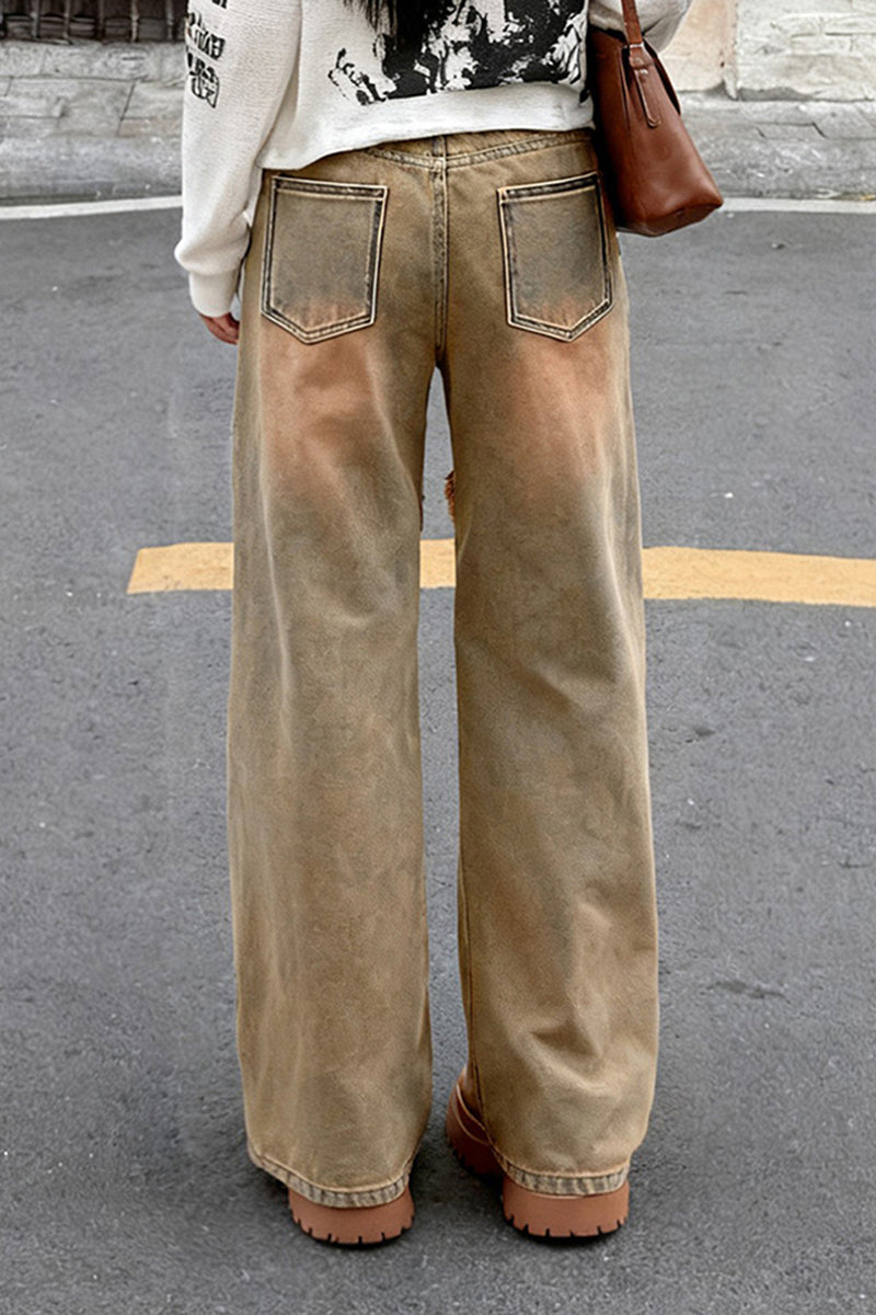 Distressed Straight Leg Denim Jeans