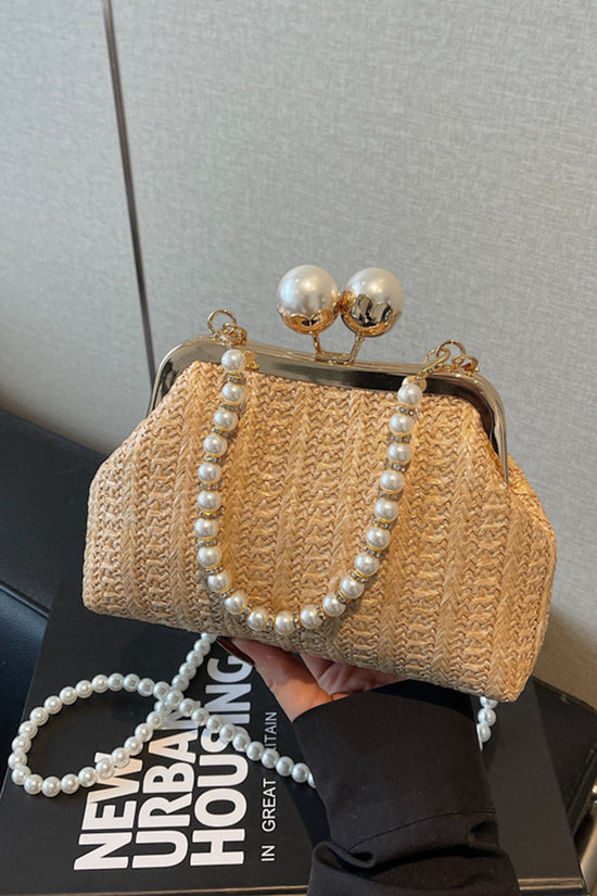 Elegant Pearl Strap Woven Clutch