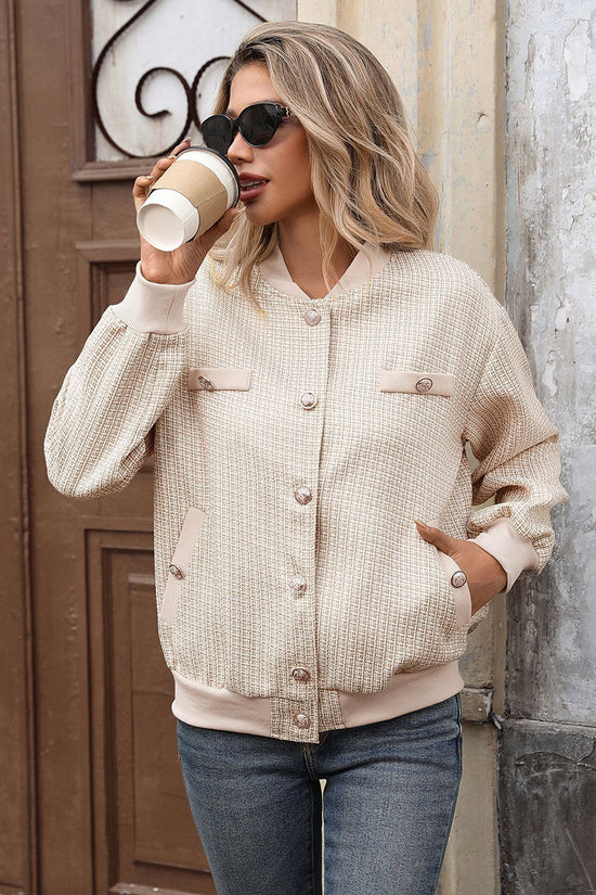 Chic Textured Button-Up Bomber Jacket