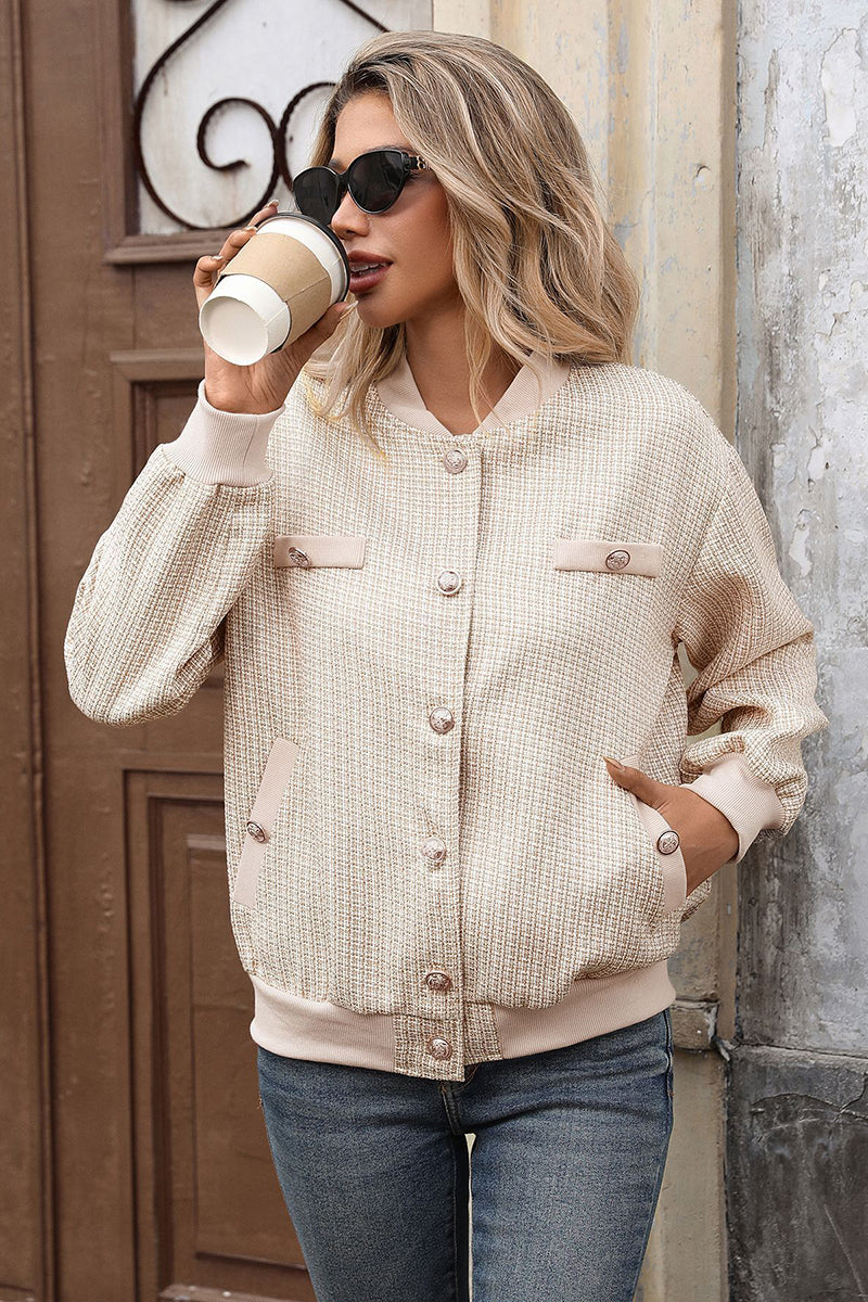 Chic Textured Button-Up Bomber Jacket