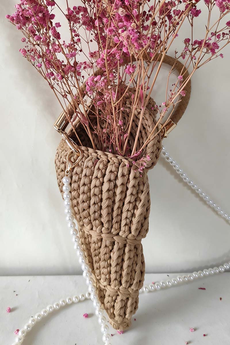 Crochet Cone Handbag with Pearl Strap