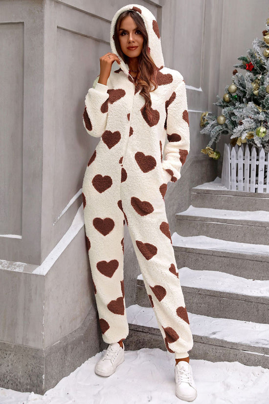 Cozy Heart Pattern Hooded Jumpsuit