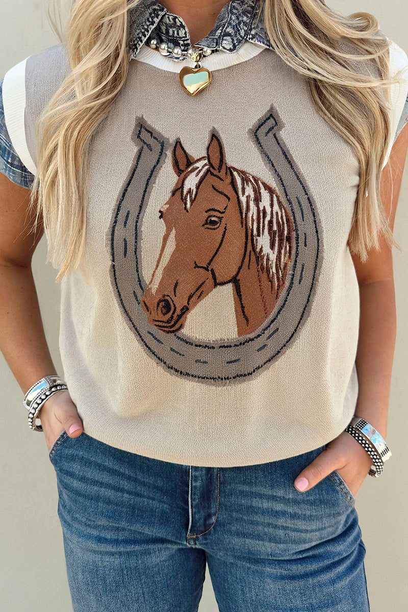 Horse Shoe Print Contrast Trim Sleeveless Sweater