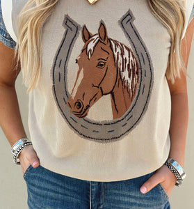 Horse Shoe Print Contrast Trim Sleeveless Sweater