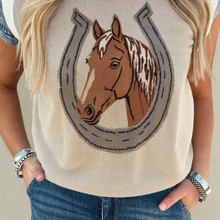 Horse Shoe Print Contrast Trim Sleeveless Sweater