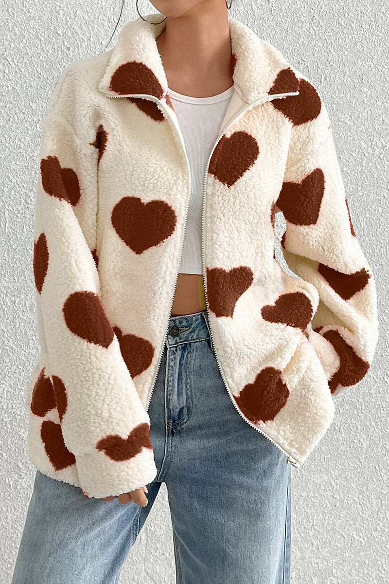 Heart Pattern Zip-Up Fleece Jacket