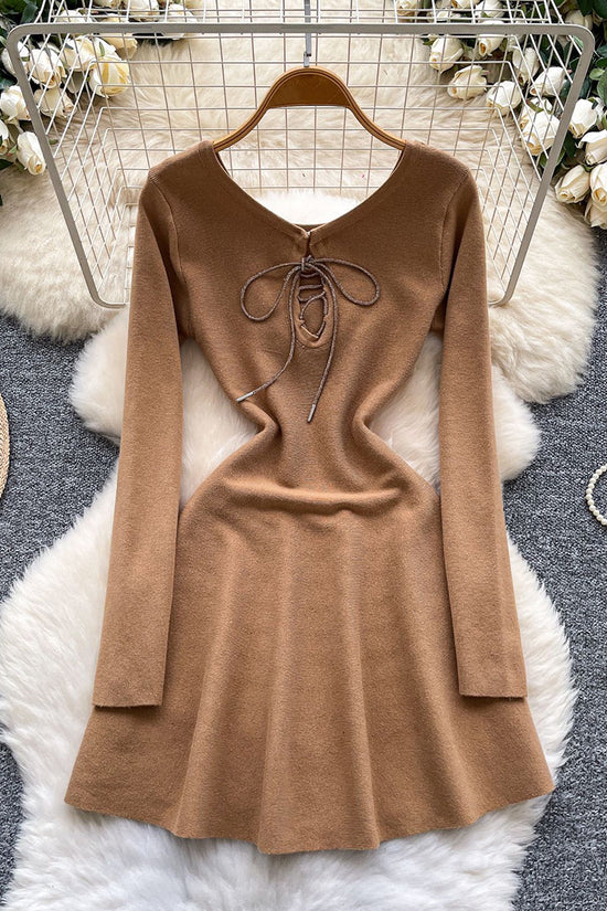 Lace-Up Long Sleeve Casual Dress