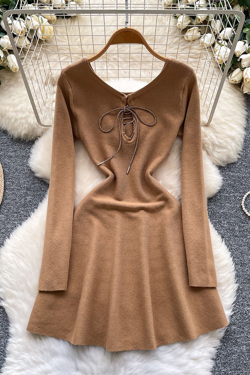 Lace-Up Long Sleeve Casual Dress