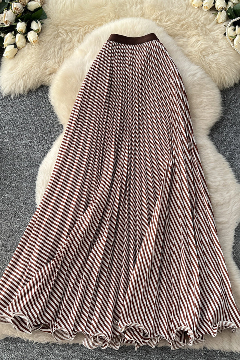 Striped Pleated Midi Skirt