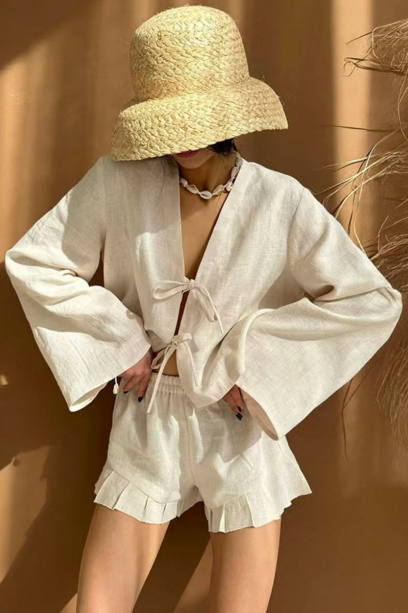 Tie-Front Bell Sleeve Shorts Set