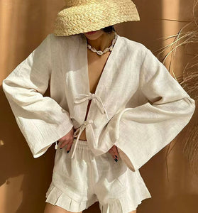 Tie-Front Bell Sleeve Shorts Set
