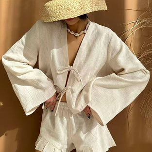 Tie-Front Bell Sleeve Shorts Set