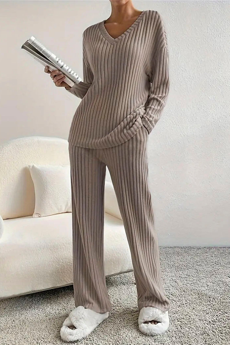 Ribbed V-Neck Pants Set