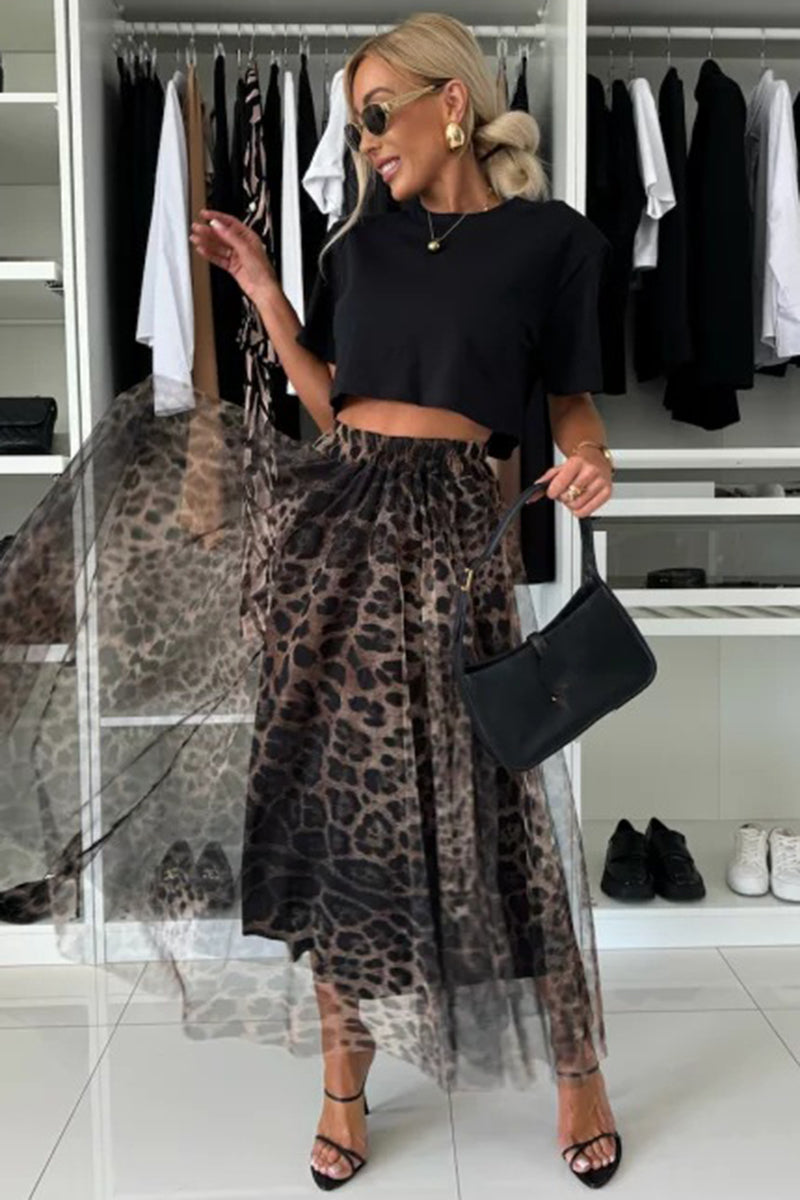 Leopard Print Tulle Midi Skirt
