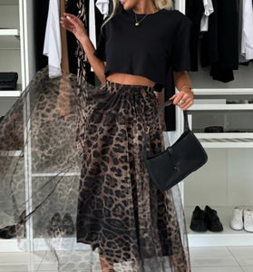 Leopard Print Tulle Midi Skirt