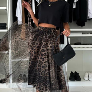 Leopard Print Tulle Midi Skirt
