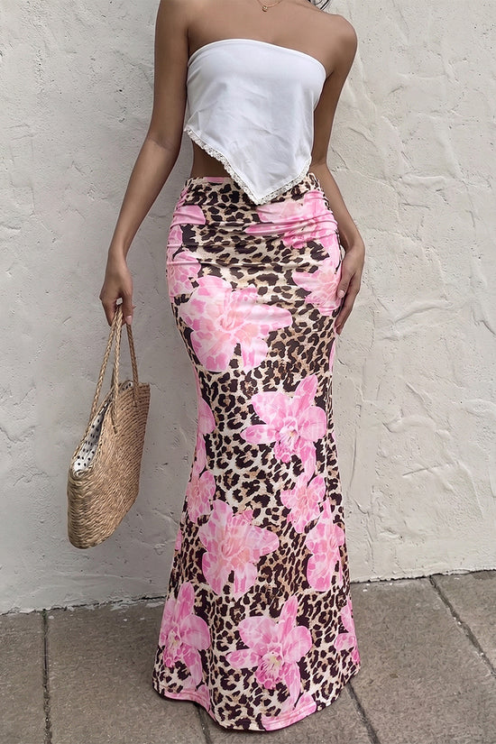 Floral Animal Print Midi Skirt